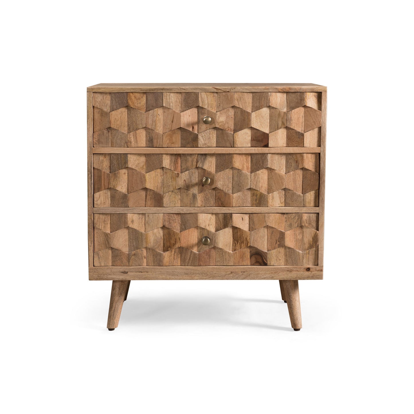 Mid Century Modern Mango Wood 3 Drawer Chest With 3D Tile Weave Design - Natural