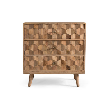 Mid Century Modern Mango Wood 3 Drawer Chest With 3D Tile Weave Design - Natural