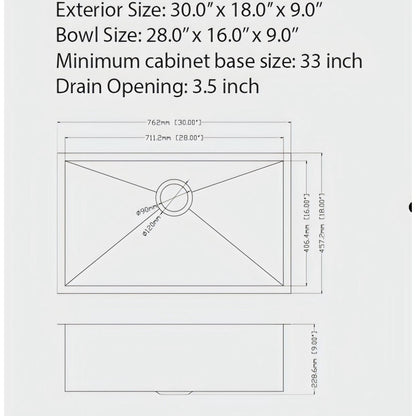 Undermount Kitchen Sink 16 Gauge Single Bowl Stainless Steel