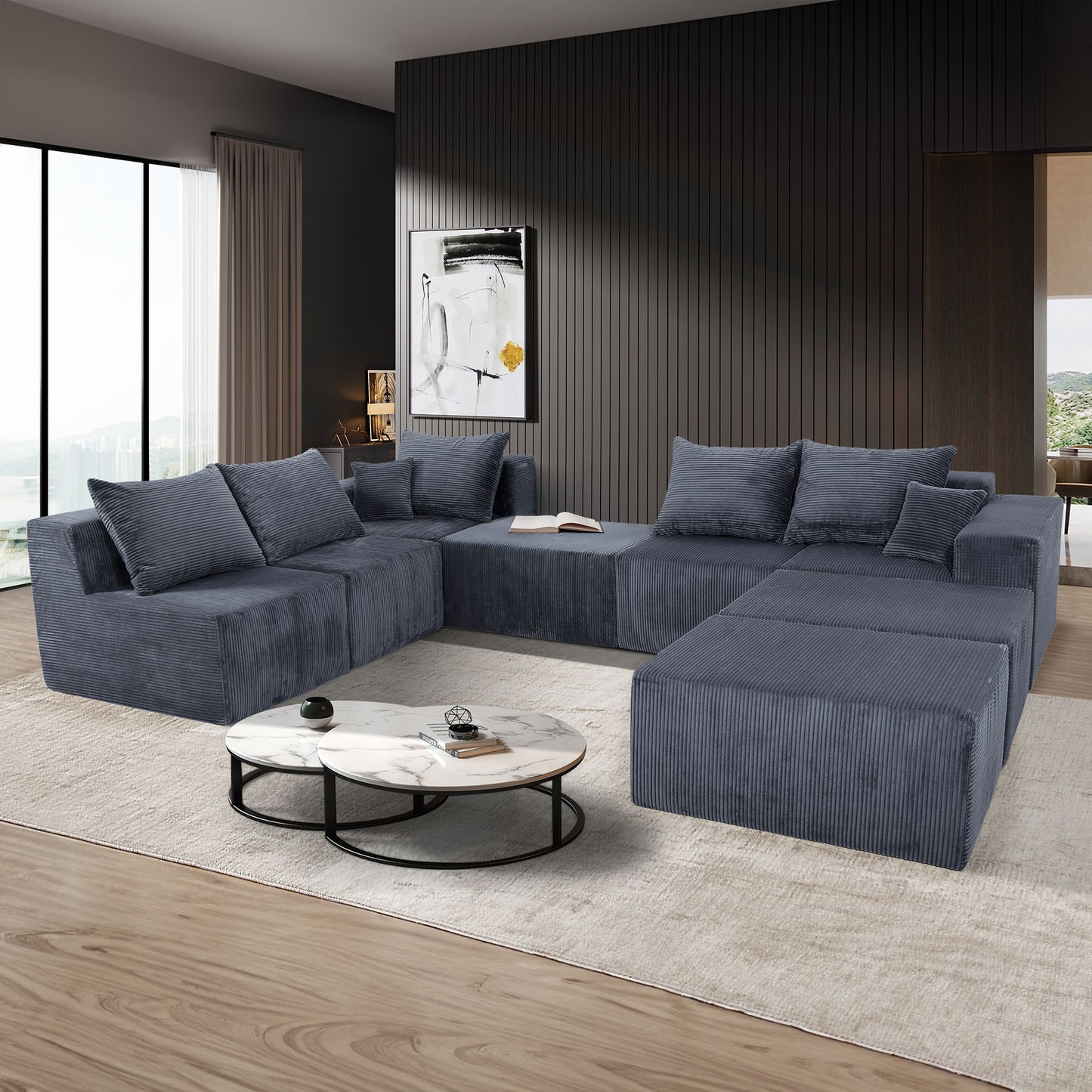 Luxury 8 Piece Modular U Shaped Sectional Sofa With Oversized Chaise Lounge And Bed Corduroy Upholstery