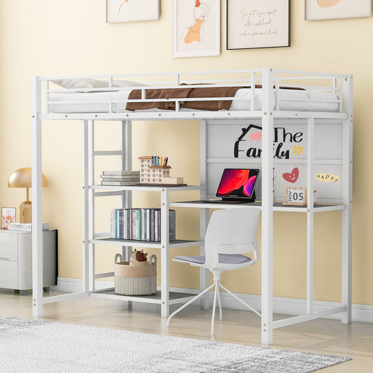 Metal Loft Bed With Desk, 3 Shelves And Ladder