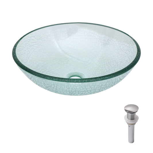 Crackle Vessel Sink, Round Bowl With Pop Up Drain - Clear