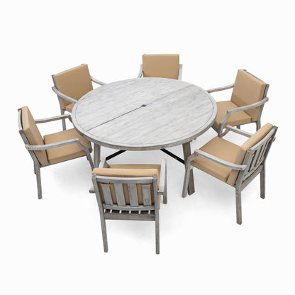 6 Person Outdoor Wooden Dining Set With Umbrella Hole And Removable Cushions For Patio - Gray