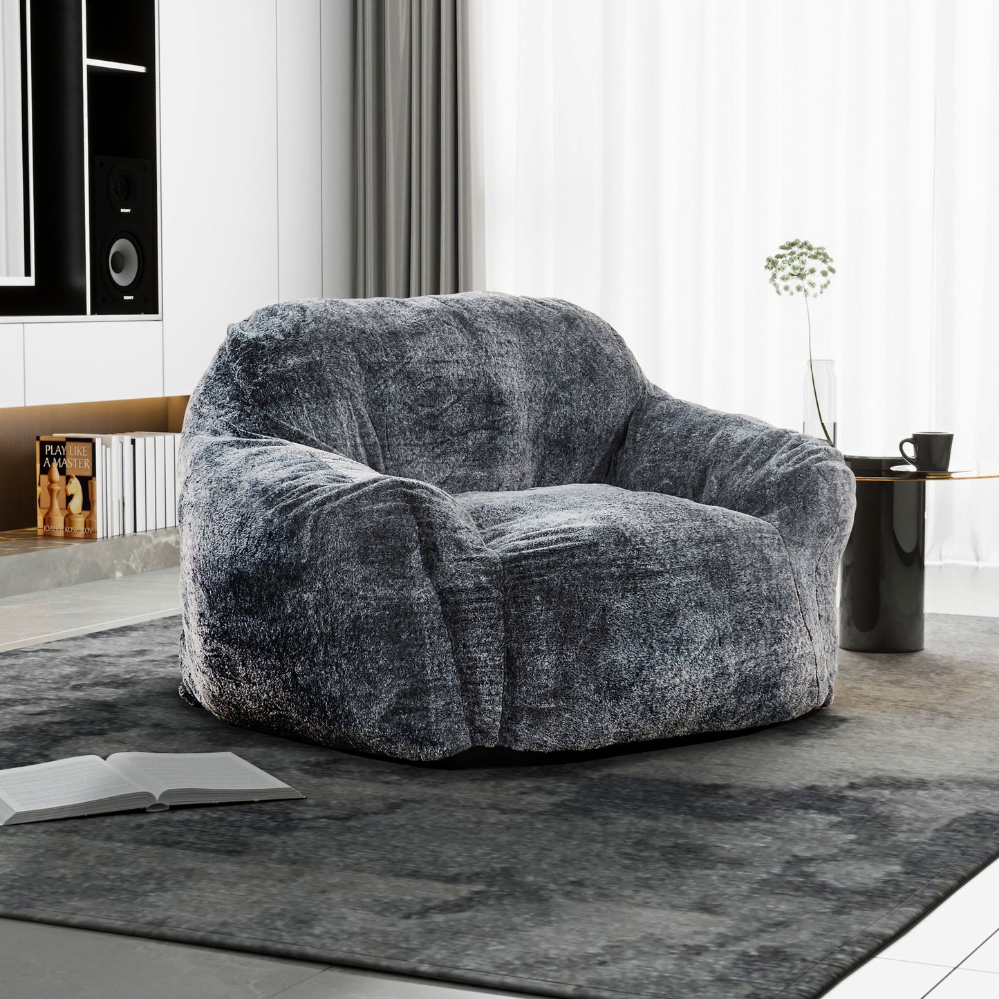 Living Room Bean Bag Sofa Chair With Memory Foam Fillings, Soft Upholstered Bean Bag Armchair - Black / Gray