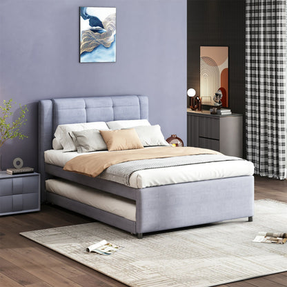 Upholstery Platform Bed With Trundle,Trundle Can Be Flat Or Erected