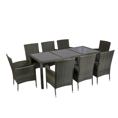 9 Piece Outdoor Patio Wicker Dining Set Patio Wicker Furniture Dining Set Glass Top - Gray / Black
