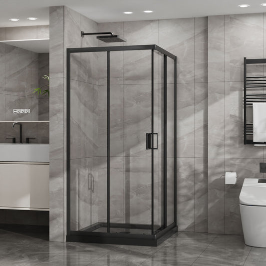 Corner Shower Enclosure, Double Sliding Door With Shower Base - Matte Black