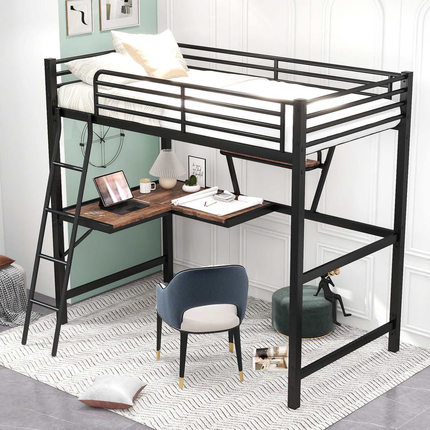 Loft Bed With Desk And Shelf, Modern Design