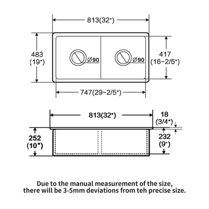 Elegant Dual Mount 32" Undermount Double Bowl Ceramic Kitchen Sink - White