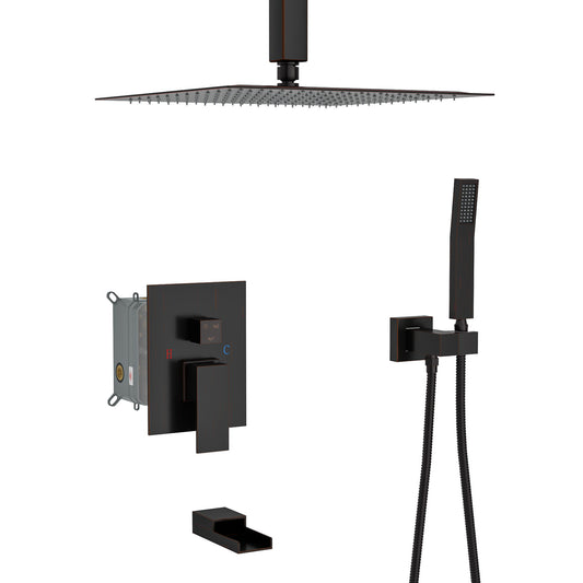 Shower System With Waterfall Tub Spout And 16" Ceiling Mount Square Rain Shower - Oil-Rubbed Bronze