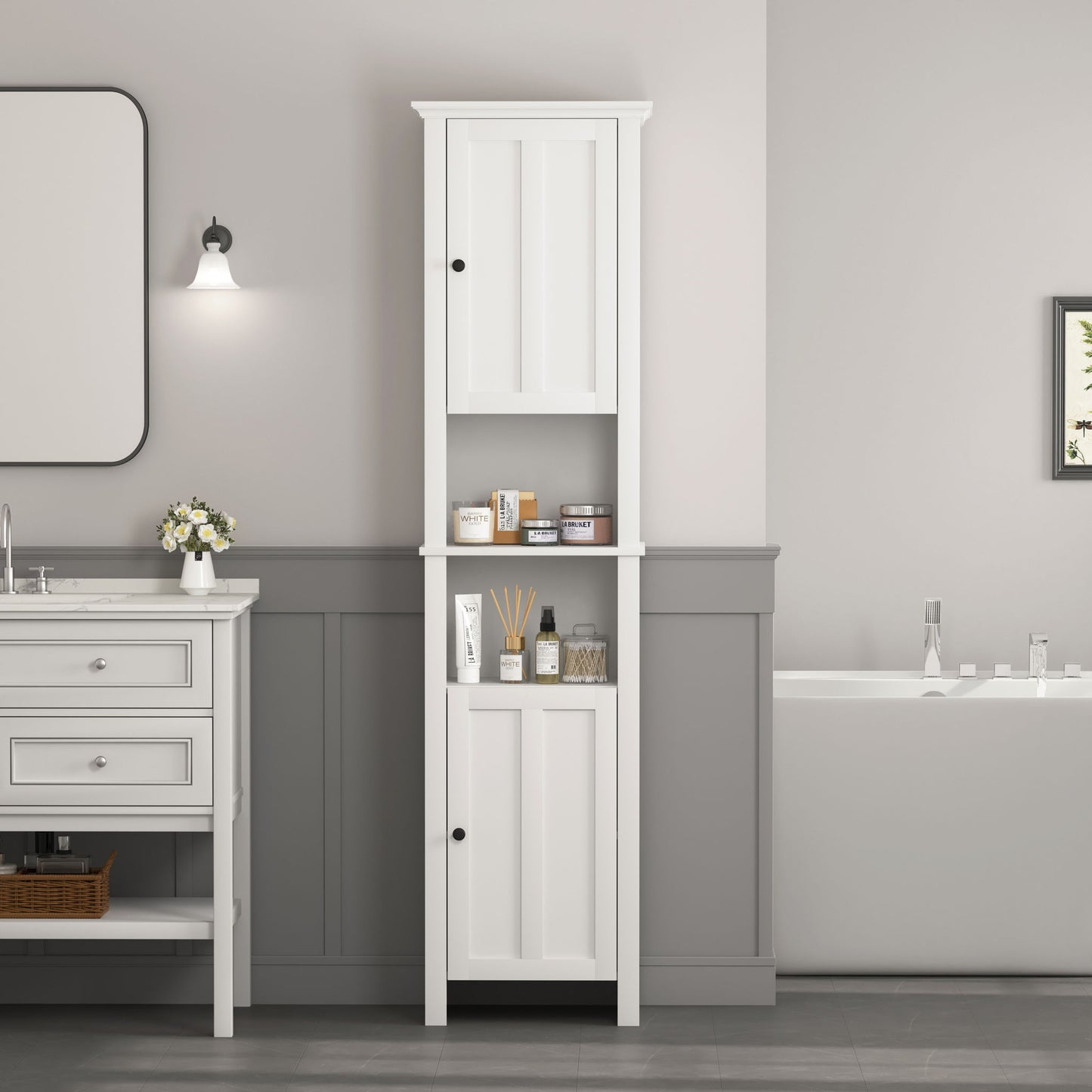 Wooden Bathroom Floor Storage Cabinet With 2 Doors And 6 Shelves - White