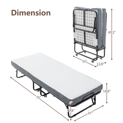 Foldable Metal Frame Bed For Guest With Memory Foam Mattress On Wheels, Saving Space Rollaway Bed