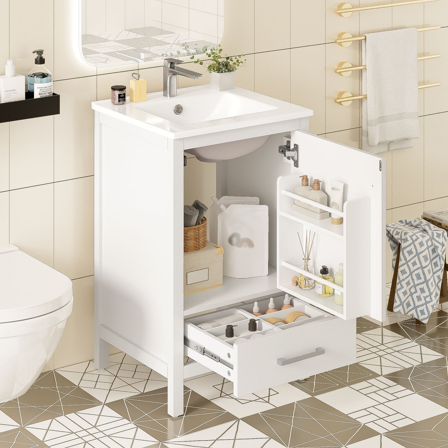 Bathroom Vanity With Ceramic Sink, Soft Close Drawers, Door Organizer, Divider Drawer, Adjustable Foot Pads