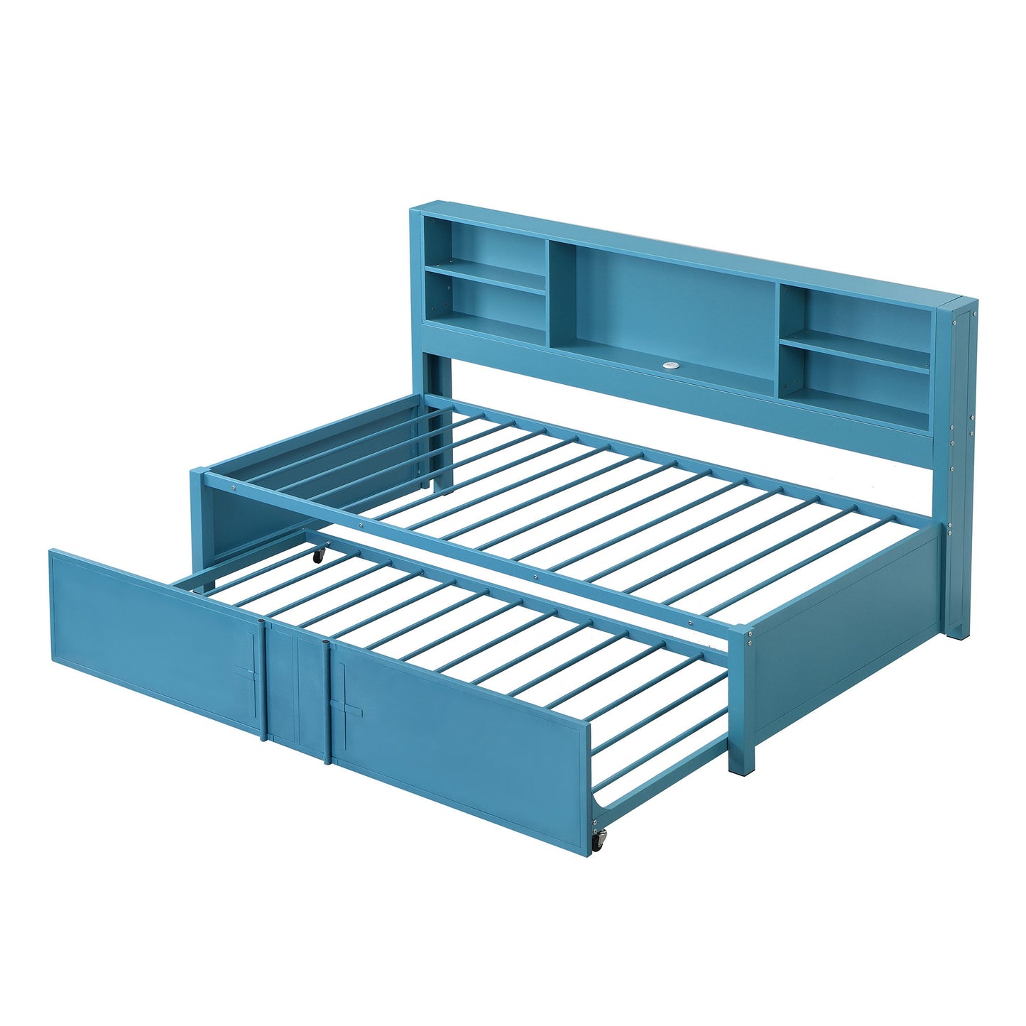 Industrial Metal Daybed With Trundle, Storage Shelves, USB Ports