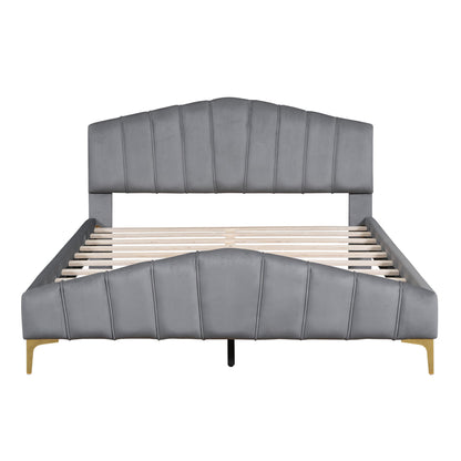 Platform Bed With Thick, Stylish Stripe Decorated Bedboard And Elegant Leg
