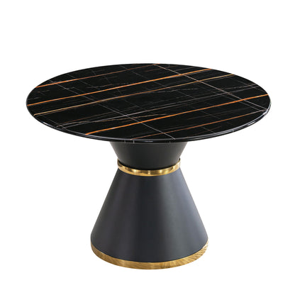 Marble Printed Round Dining Table - Black Columnar Base With Gold Annulus Not Including Chairs - Black