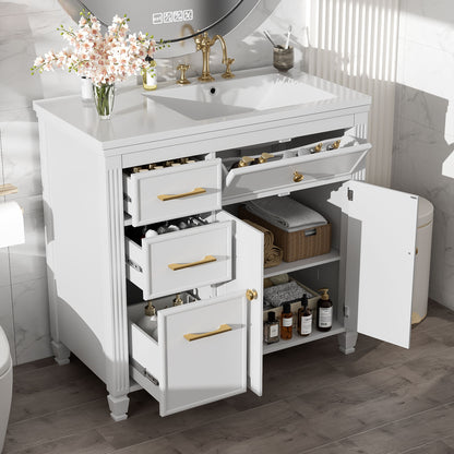 Modern Bathroom Vanity With Ceramic Sink, Freestanding, One Tip Out Drawer, 3 Side Drawers, Adjustable Shelf