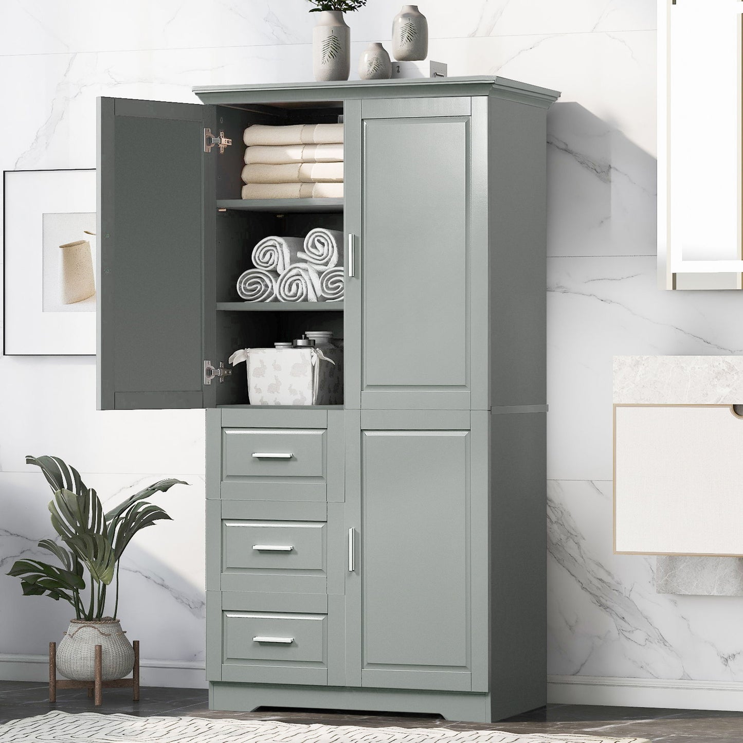 Tall And Wide Storage Cabinet With Doors, 3 Drawers