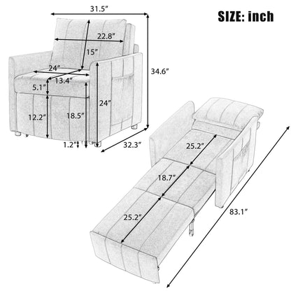 Upholstered Convertible Sleeper Sofa With 5 Position Backrest, Side Pockets, Storage