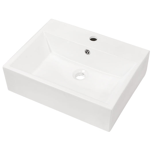 Modern Ceramic Rectangular Wall Mounted Bathroom Sink With Faucet Hole & Overflow