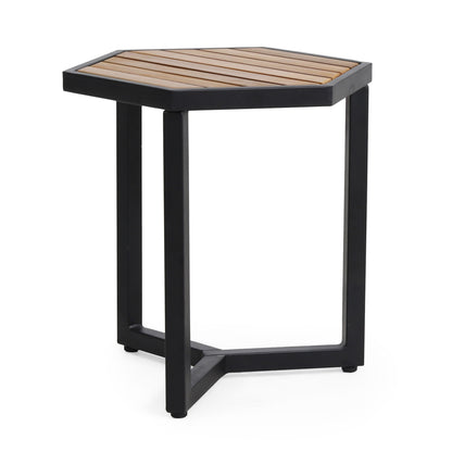 Outdoor Side Table With Iron Base And Slatted Top - Brown