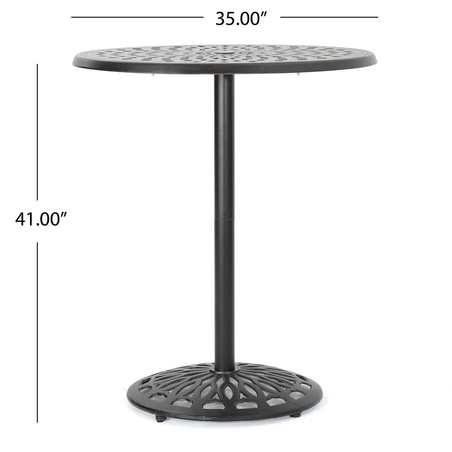 Elegant Cast Aluminum Round Bar Table With Romantic Filigree Design - Copper