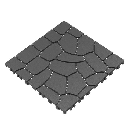 Stone Texture Patio Deck Tiles, Diy Interlocking Outdoor Floor Tiles (Set of 44) - Dark Grey