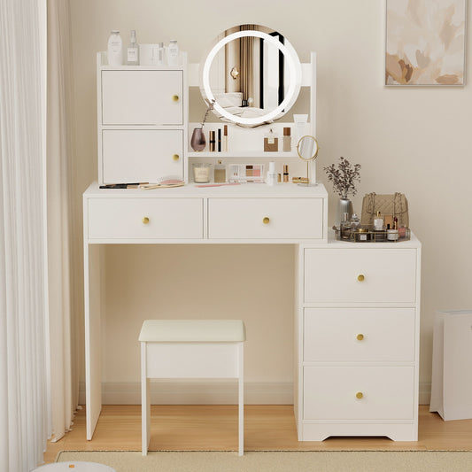 Fashion Vanity Desk With Mirror And Lights For Makeup And Cushioned Chair, Adjustable 3 Color Lighting - White