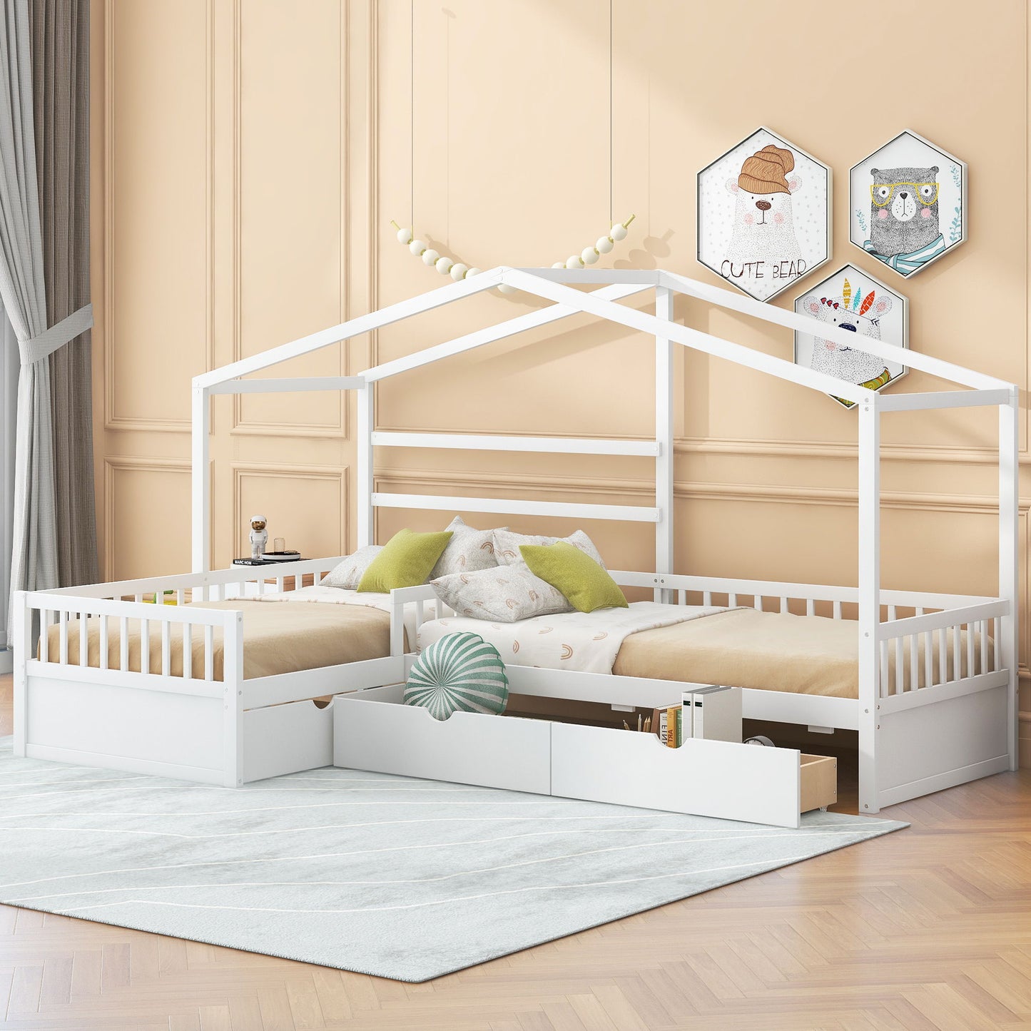 L Shape Platform Bed With 3 Storage Drawers