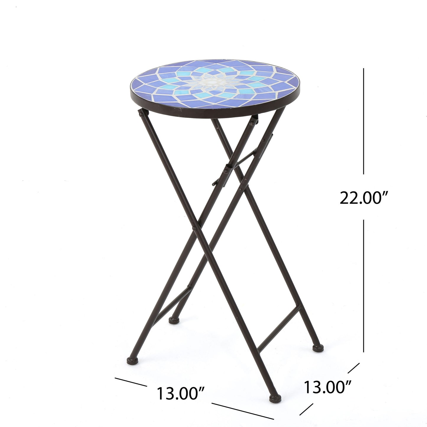 Outdoor Folding Accent Table With Glass Top And Iron Frame - White / Blue