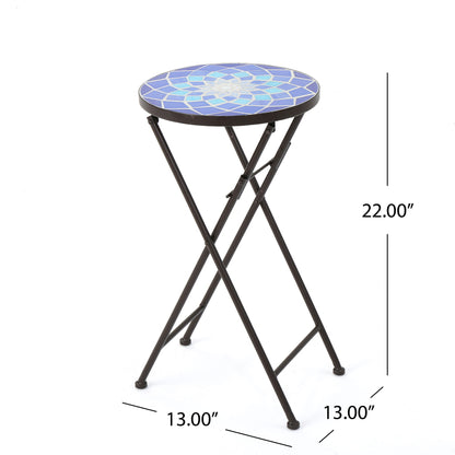 Outdoor Folding Accent Table With Glass Top And Iron Frame - White / Blue