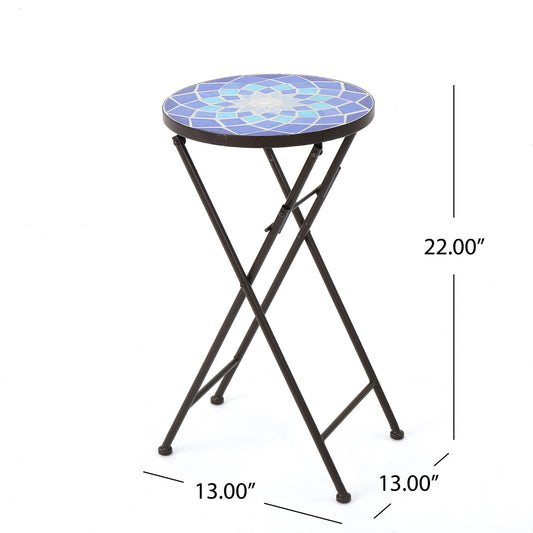 Outdoor Folding Accent Table With Glass Top And Iron Frame - White / Blue