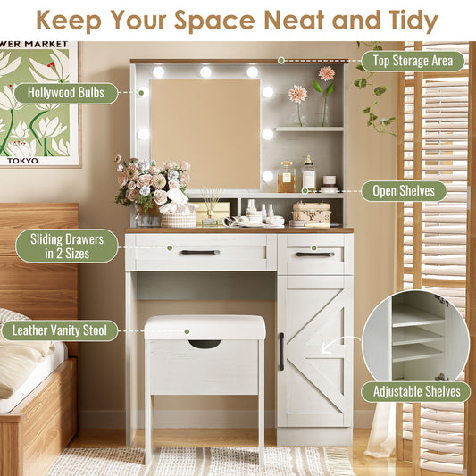 Farmhouse Makeup Vanity Desk With Mirror And Lights, 3 Lighting Modes, Vanity Set With Stool, Dressing Table With Adjustable Shelves, 2 Drawers And Side Cabinet For Bedroom - White