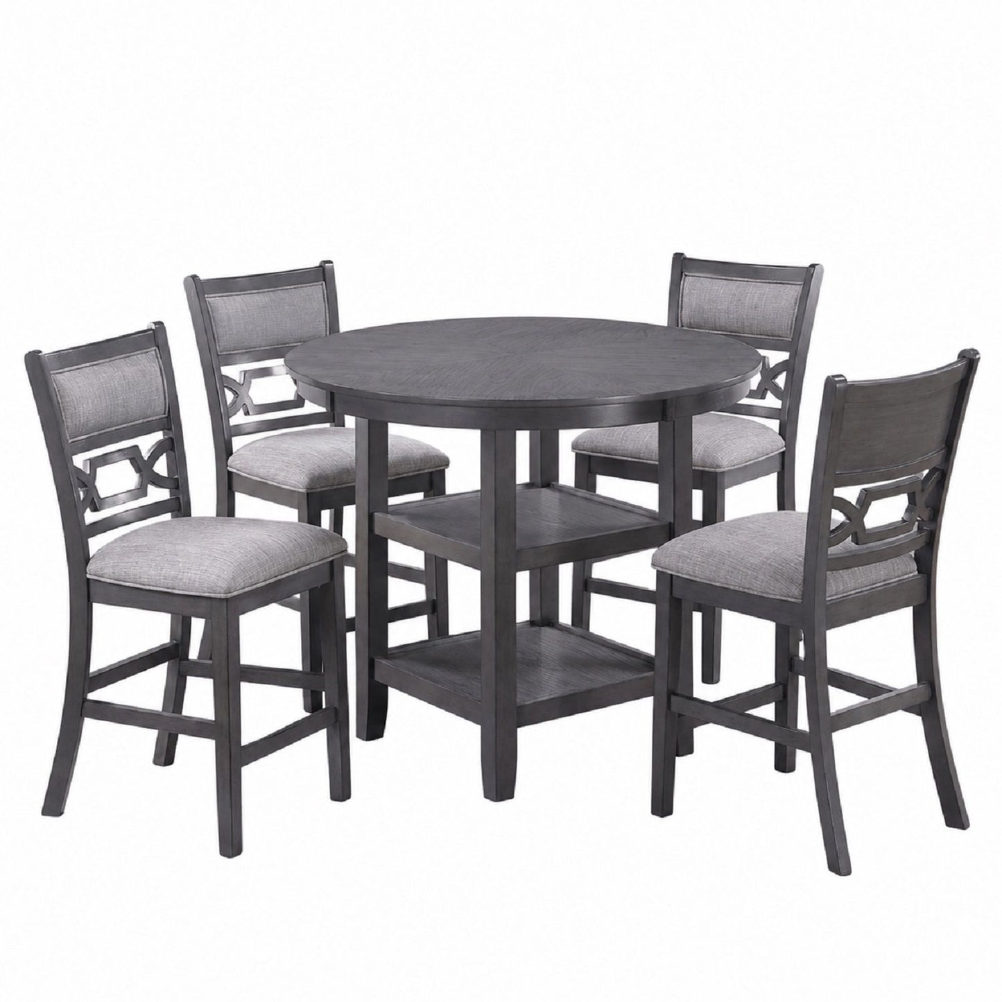 5 Piece Counter Height Dining Set With Storage Shelves Round Table And Upholstered High Chairs - Gray