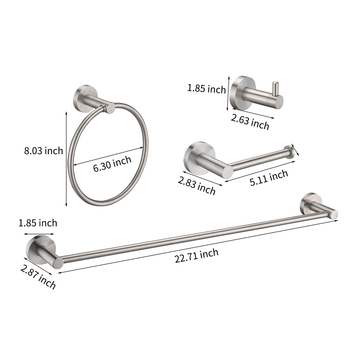 Bathroom Set 4 Pack With Towel Bar Racks, Toilet Paper Holder, Ring, Hook, Stainless Steel - Brushed Nickel