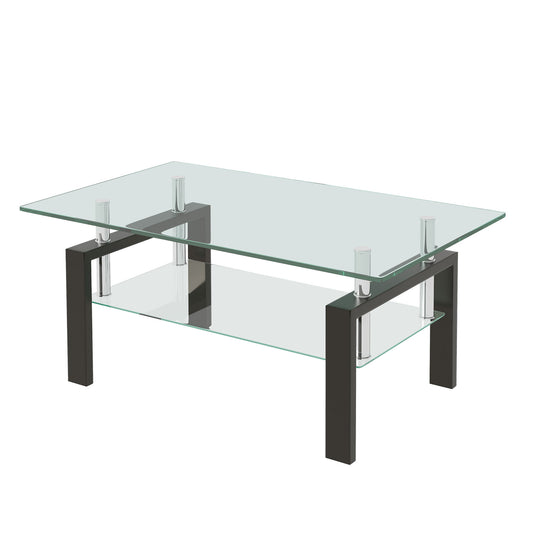 Tempered Clear Glass Coffee Table, 2-Layers Coffee Table Living Room Center Table - Black