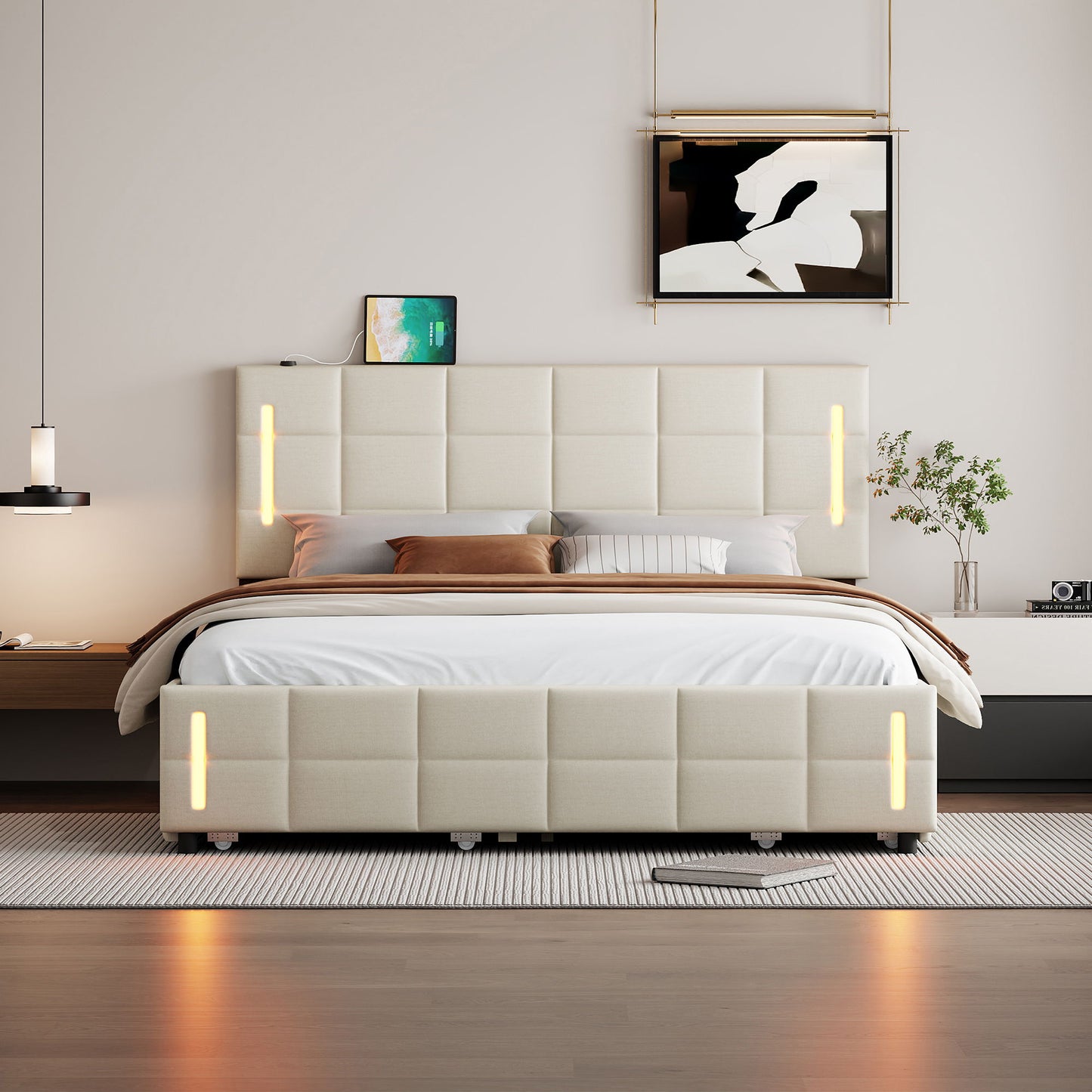 Upholstered Platform Bed With Trundle & Drawers