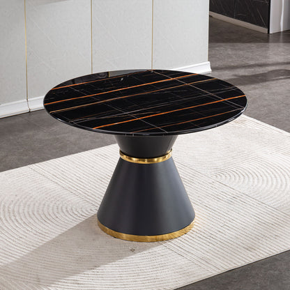 Marble Printed Round Dining Table - Black Columnar Base With Gold Annulus Not Including Chairs - Black