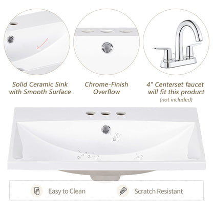 Bathroom Vanity Top, Rectangular Undermount Sink With 3 Faucet Holes, 4" Centerset Compatible - White