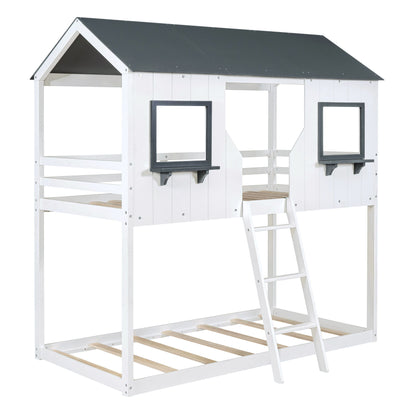 Twin Over Twin Bunk Bed With Roof, Window, Guardrail, Ladder