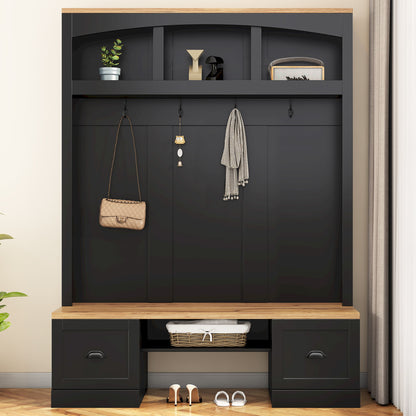 Farmhouse 4 In 1 Hall Tree With Wood Grain Bench And Top