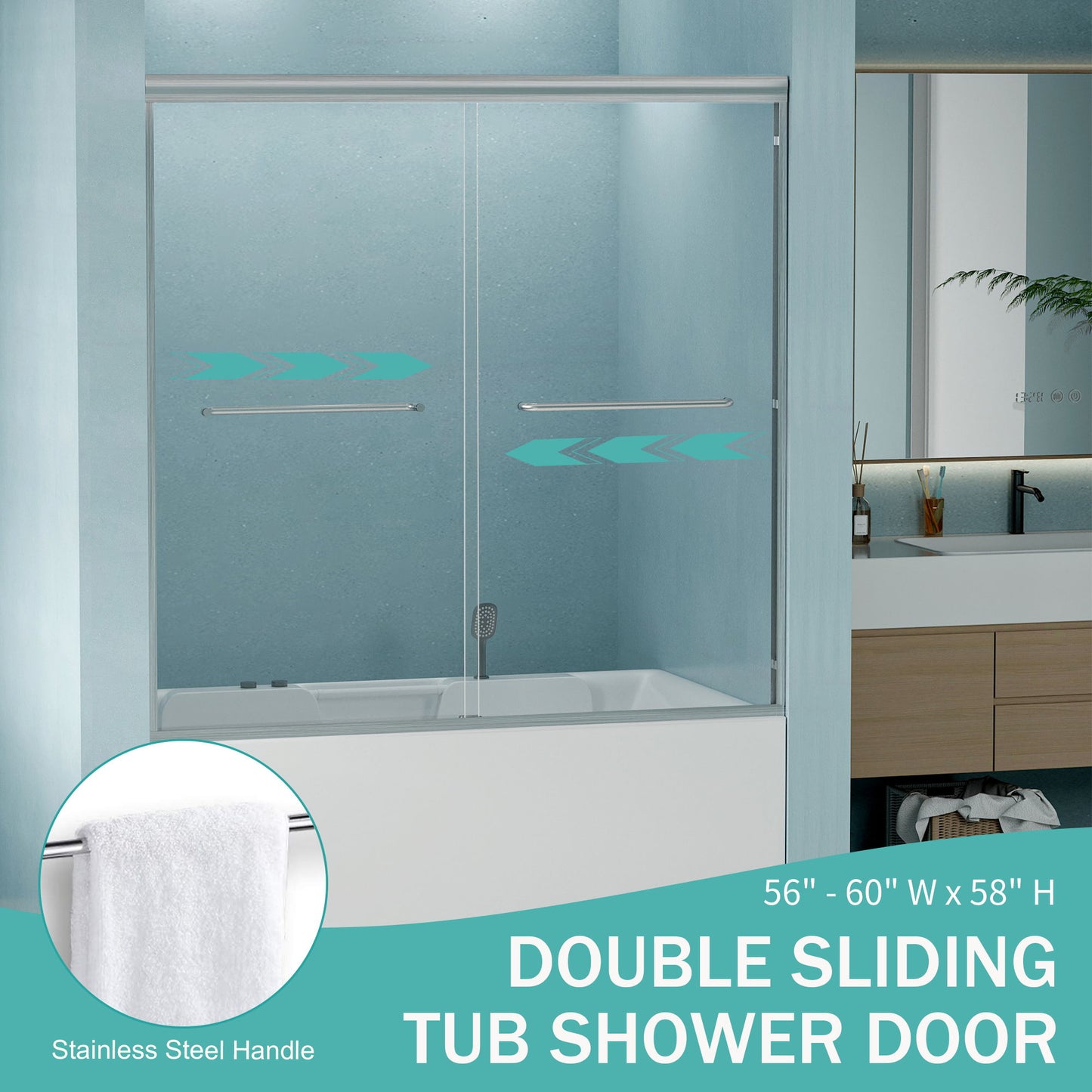 Double Sliding Bathtub Shower Door, Semi Frameless Bypass, 1 / 4" (6Mm) With Explosion - Proof Film, Adjustable Aluminum Alloy Frame