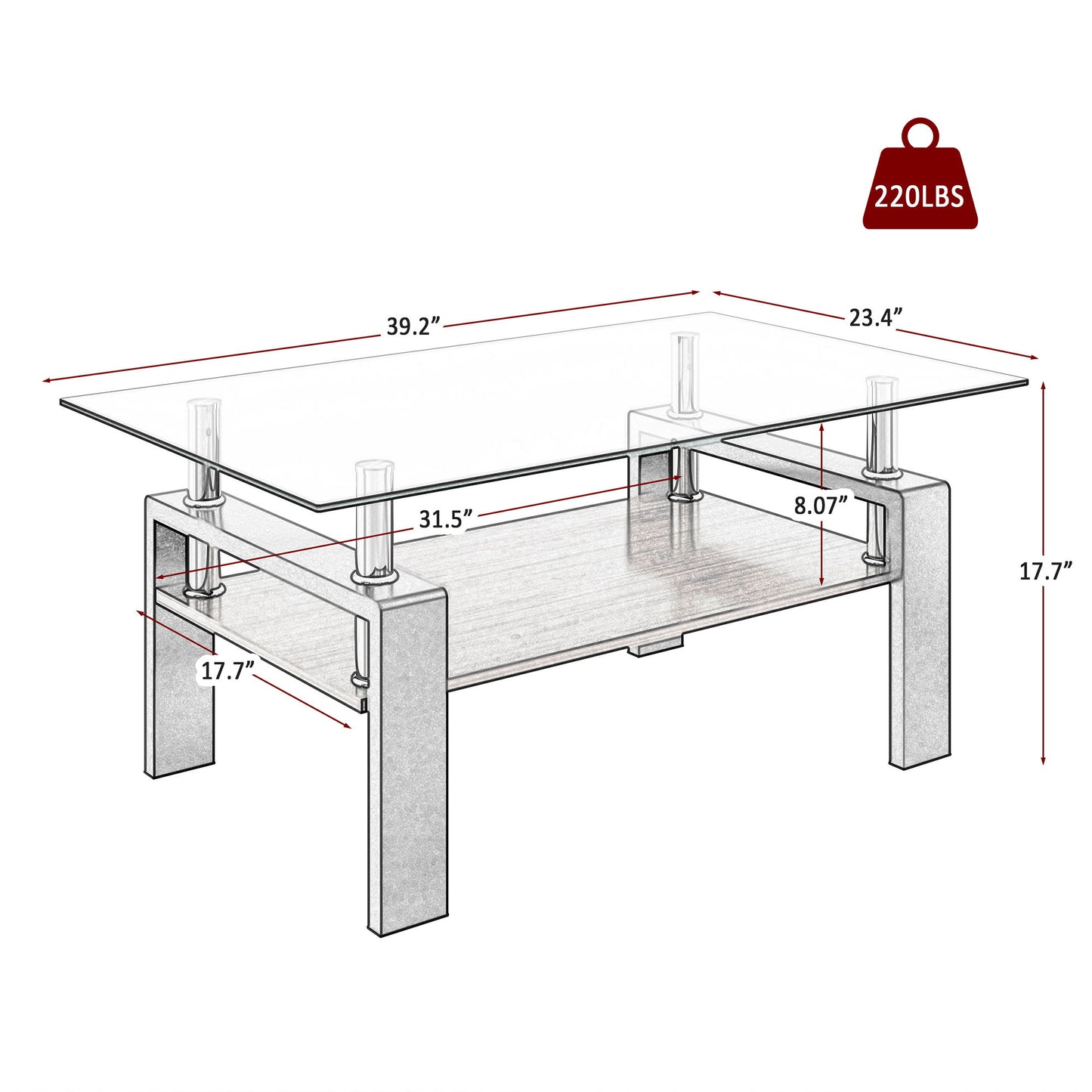 Modern Rectangular Coffee Table With Tempered Glass Top Layer, Table For Living Room - Transparent