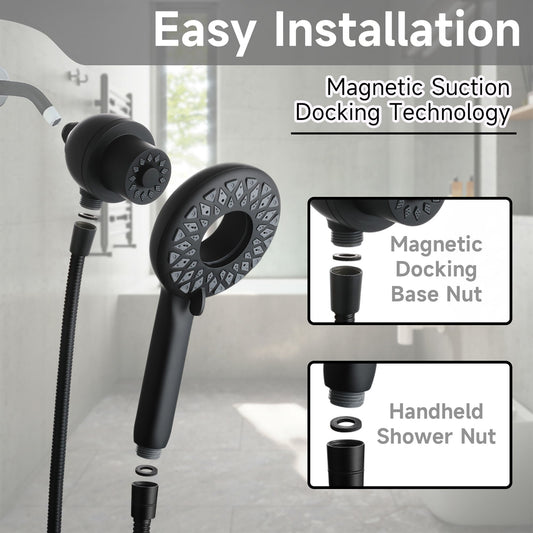 High Pressure Shower Heads 6 Spray Mode Handheld Shower With 60" Stainless Steel Hose - Matte Black