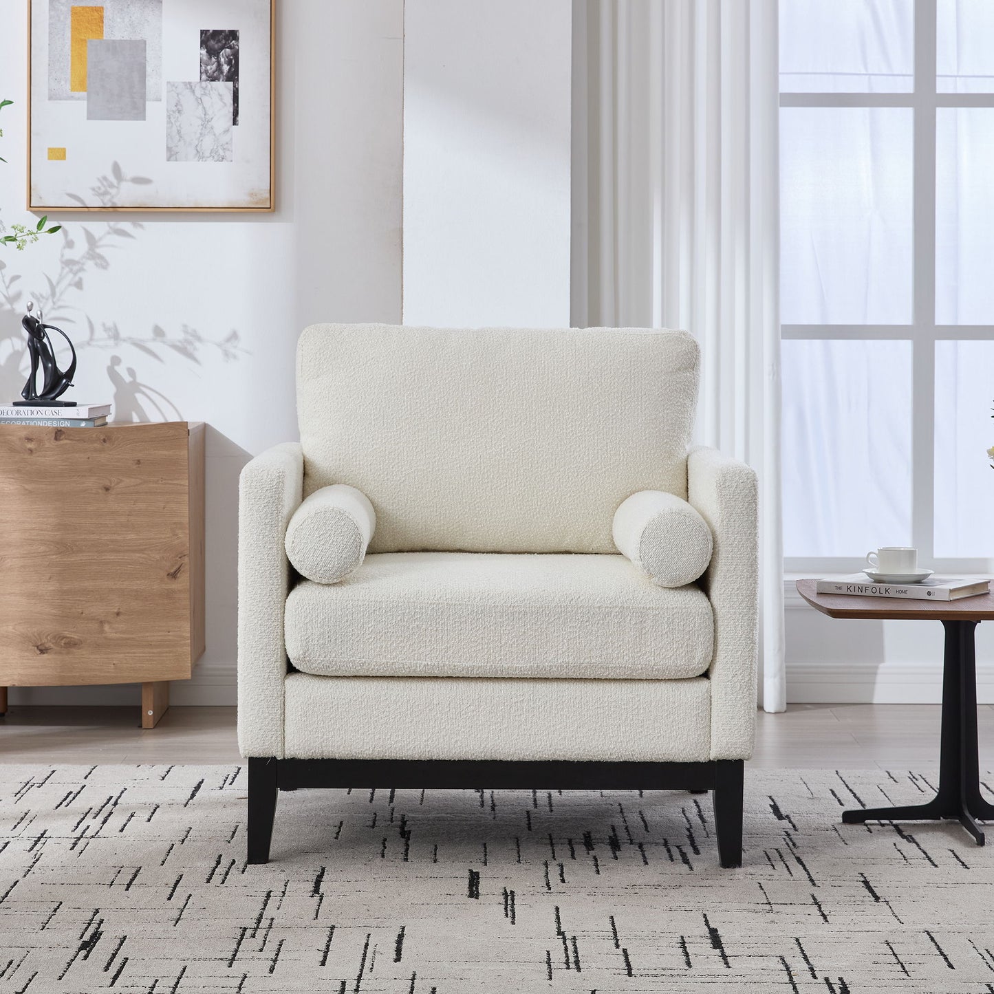 Wide Modern Farmhouse Performance Accent Chair With Legs, Wood Base