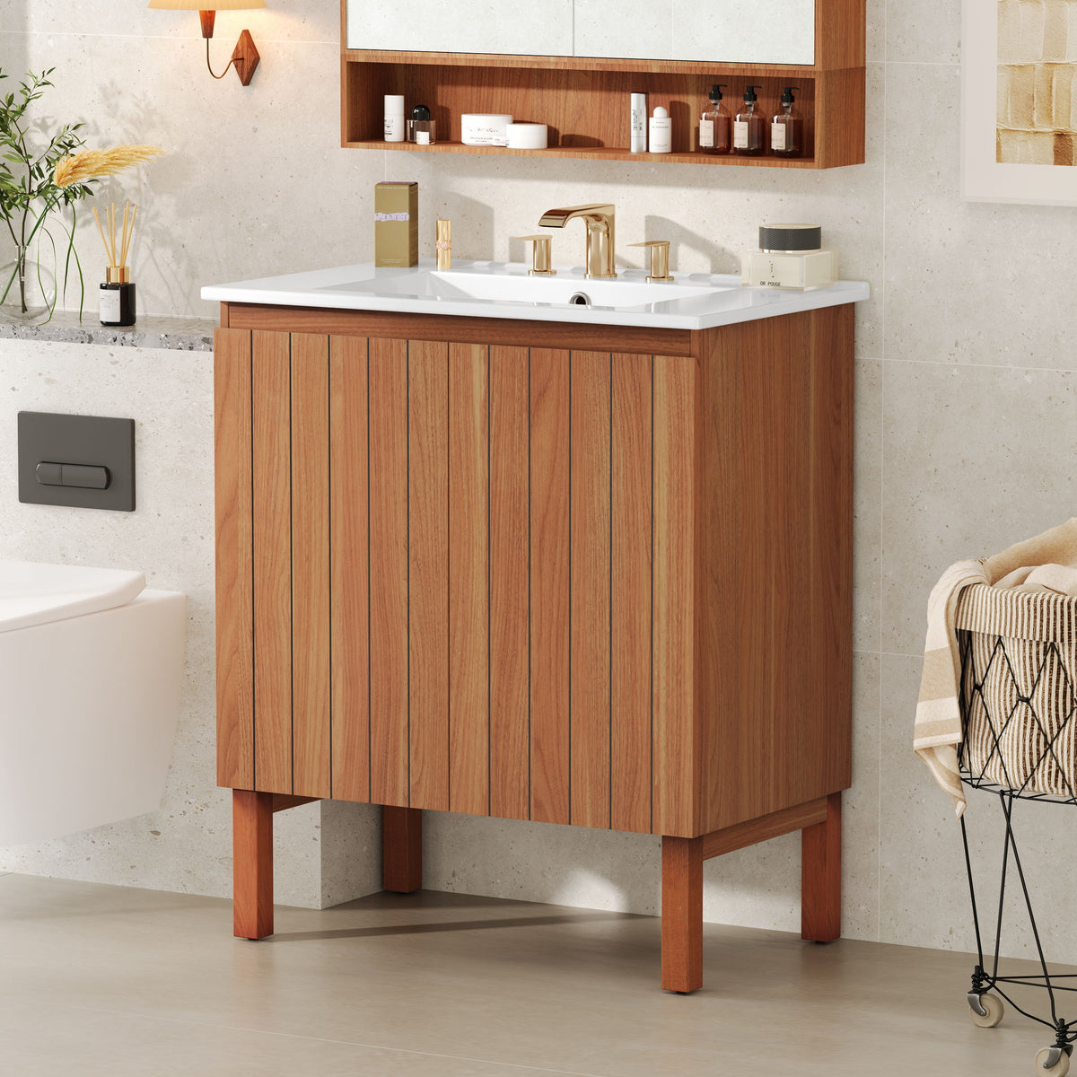 Bathroom Vanity With Sink, Minimalist Design, 45 Degrees Free Handle Doors - Antique Natural