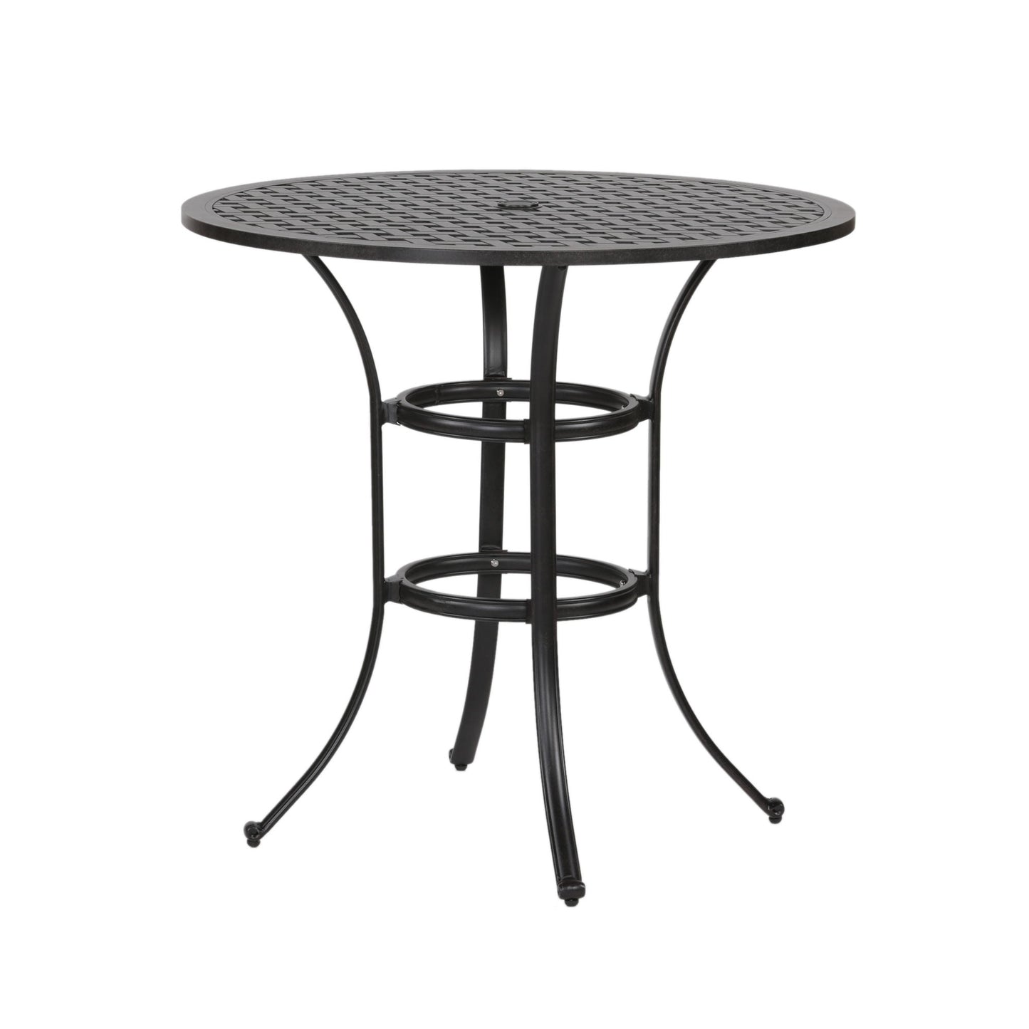 Cast Aluminum Round Counter Table With Lattice Design And Umbrella Hole - Dark Lava Bronze