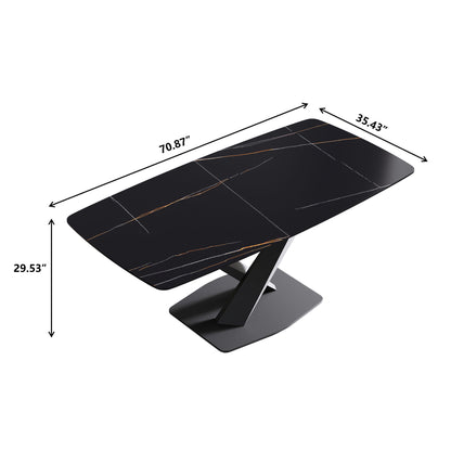 70.87" Modern Artificial Stone Black Curved Black Metal Leg Dining Table, Can Accommodate 6-8 People - Black