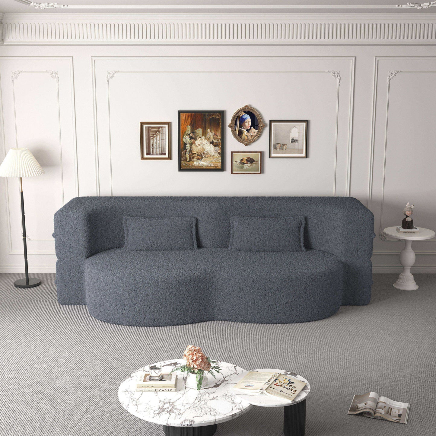 Modern Floor Sofa, With 2 Pillows, Convertible Teddy Fabric Foam Filled Bed