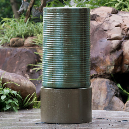 Large Modern Cylinder Ribbed Tower Water Fountain, Contemporary Outdoor Bird Bath
